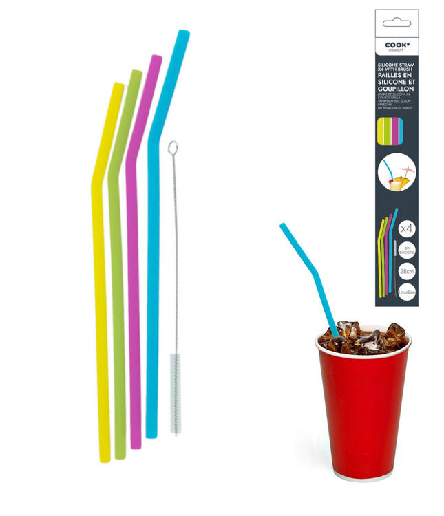 Pailles réutilisables en silicone, lot de 4