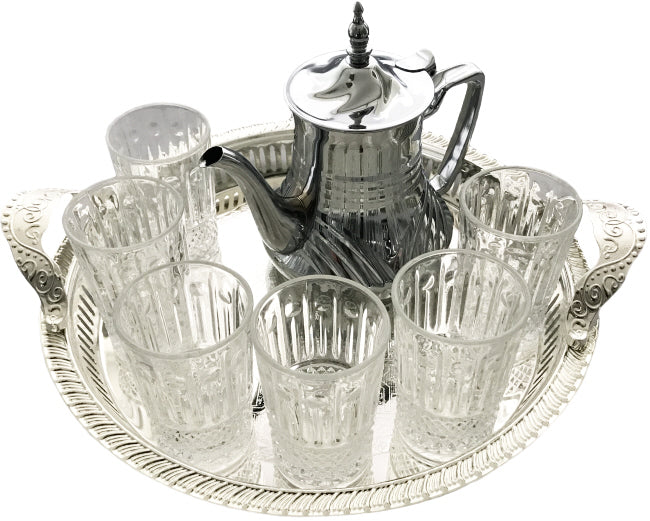 Marokkaanse familie theeset – theepot 1,2 liter, dienblad 32 cm en 6 glazen – foto 2