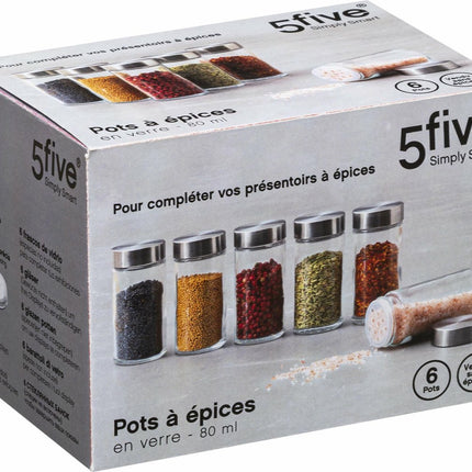Ensemble de pots à épices - 6 pièces - verre - avec couvercle en inox - hermétique - pot de conservation