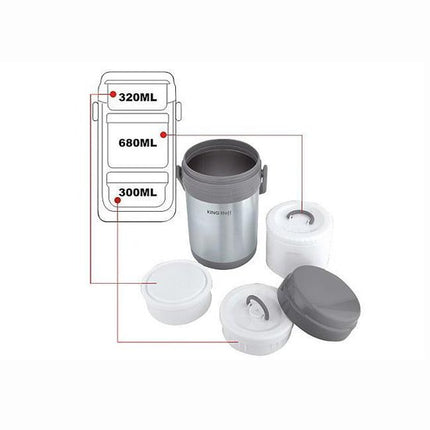 Thermos alimentaire - Boîte à lunch en acier inoxydable - 3 récipients séparés (0,3L + 0,68L + 0,32L) - Double paroi - Chaud & froid pendant des heures - Capacité totale 1,5L - Léger & incassable