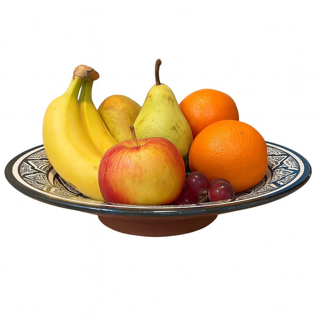 Plat marocain Ø35 cm – Céramique noir et blanc faite à la main – Motif géométrique