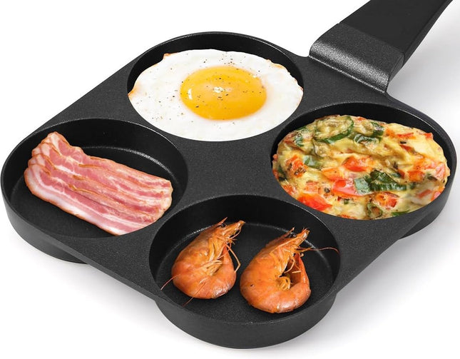 Poêle à œufs frits, poêle à crêpes - Poêle à omelettes à 4 compartiments - Crêpière - Appareil à petit-déjeuner - Poêle à œufs - Toutes plaques de cuisson
