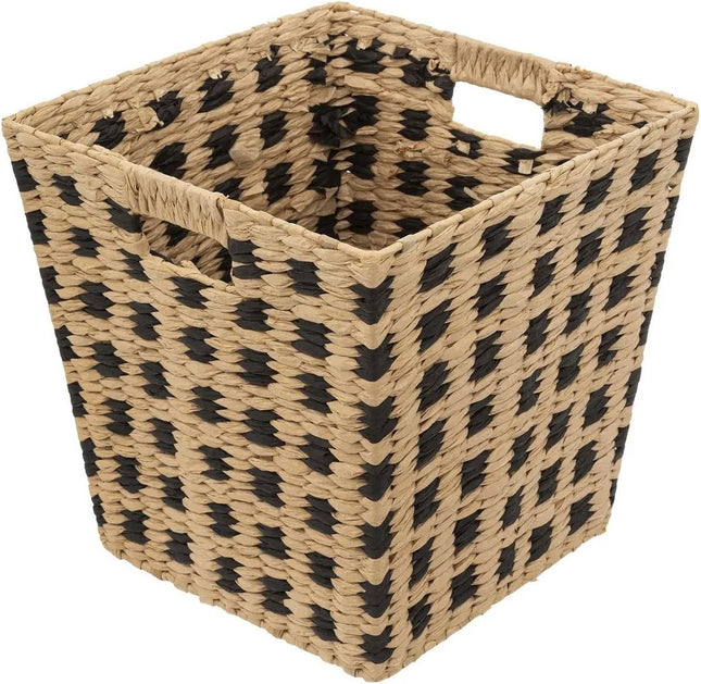 Panier de rangement tressé en jonc de mer - carré - beige/noir 31x31x31 cm