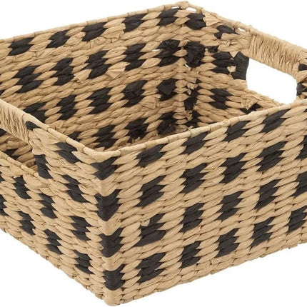 Panier de rangement tressé en osier carré beige/noir 31 x 31 x 15 cm