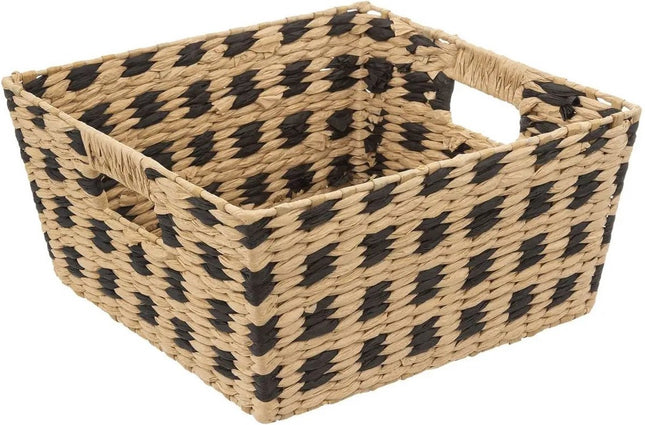 Panier de rangement tressé en osier carré beige/noir 31 x 31 x 15 cm