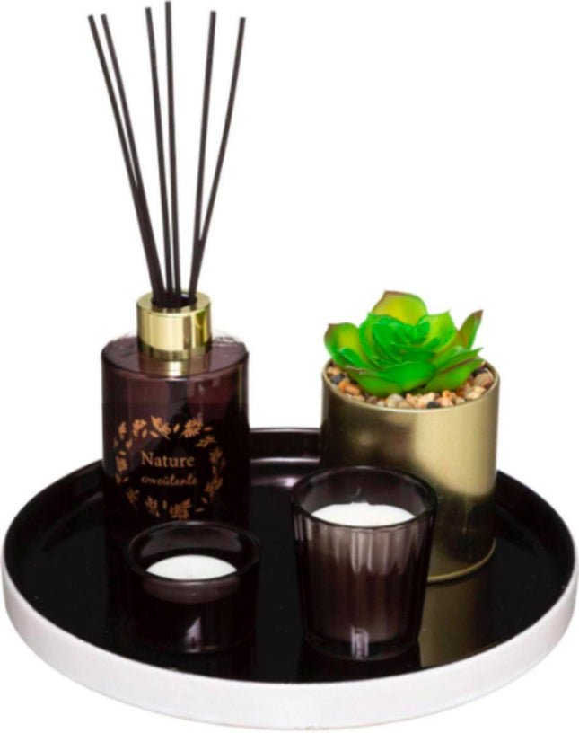 Plateau coffret cadeau 5 pièces parfum, plante et 2 bougies chauffe-plat