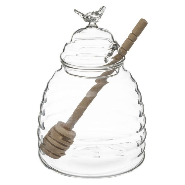 Pot de miel en verre avec cuillère en bois
