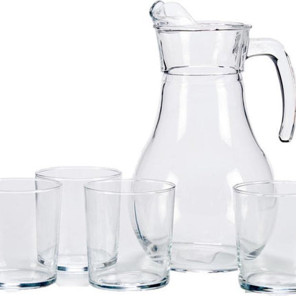 Carafe en verre/verseuse avec couvercle 1,8 litre avec 4 verres à boire 400 ml