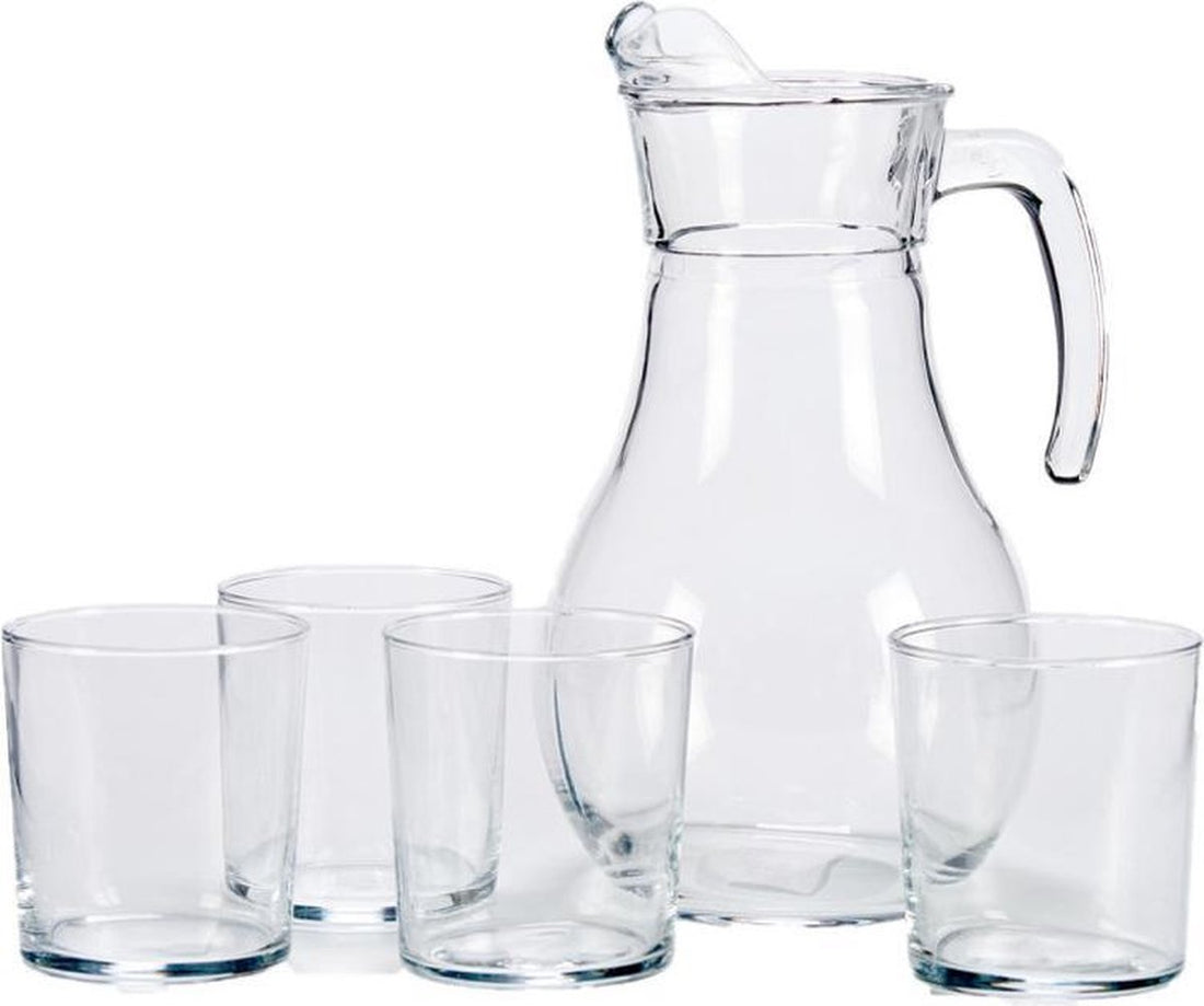 Glazen karaf/schenkkan met deksel 1,8 liter met 4 drinkglazen 400 ml
