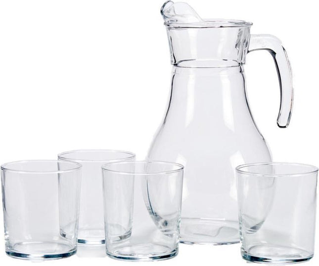 Carafe en verre/verseuse avec couvercle 1,8 litre avec 4 verres à boire 400 ml