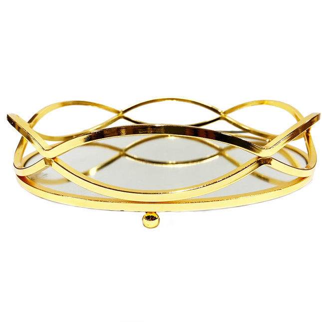 Plateau miroir rond ondulé doré