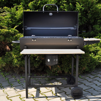 Grand barbecue charbon sur roulettes avec couvercle, thermomètre et grilles réglables – Idéal pour le jardin