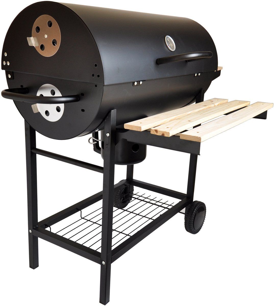 Grote houtskoolbarbecue op wielen met deksel – thermometer en 3 roosters – foto 7
