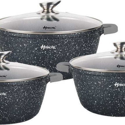 Batterie de cuisine Hakal Premium – Casseroles Faitout Induction 6 pièces – Revêtement antiadhésif – Poignées froides Ø 20, 24 & 28 cm – Points noirs