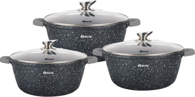 Batterie de cuisine Hakal Premium – Casseroles Faitout Induction 6 pièces – Revêtement antiadhésif – Poignées froides Ø 20, 24 & 28 cm – Points noirs