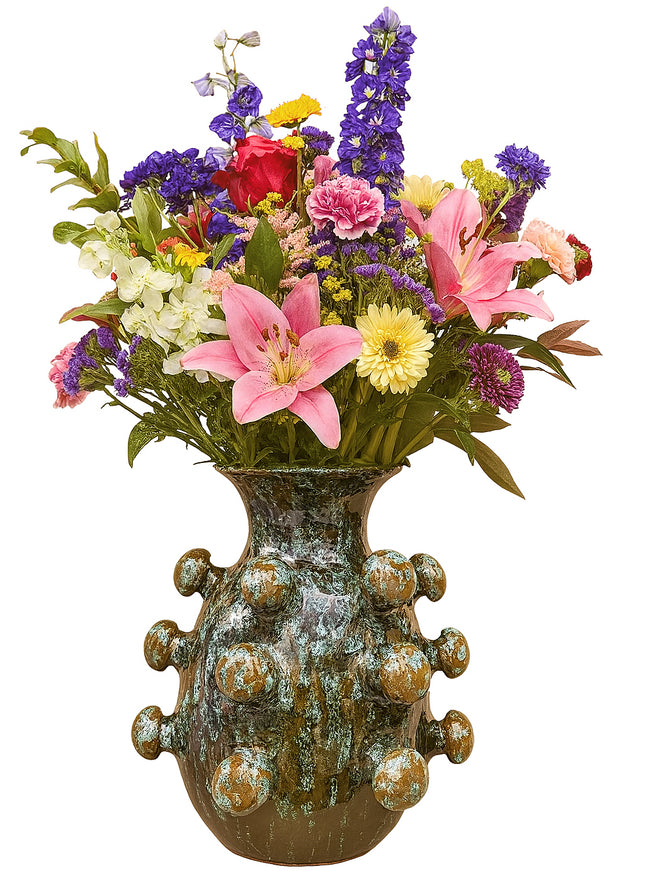 Vase en céramique artisanale à structure sphérique – brun/vert – 26 cm de haut