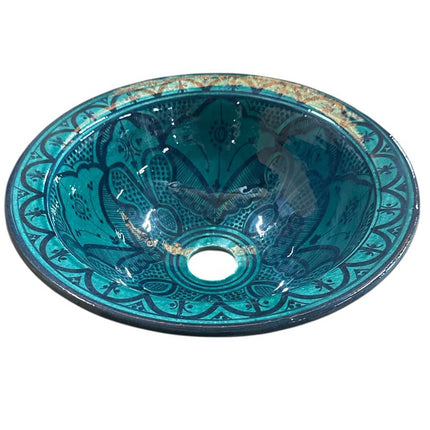 Vasque Marocaine 35cm – Céramique Faite Main – Design Vert Foncé – Lavabo en Céramique