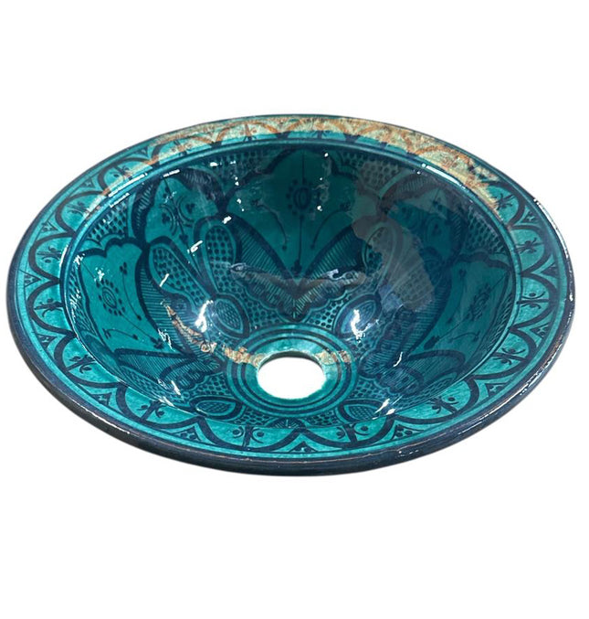 Vasque Marocaine 35cm – Céramique Faite Main – Design Vert Foncé – Lavabo en Céramique