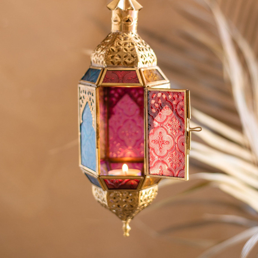 Oriental hanging glass lantern with gold finish