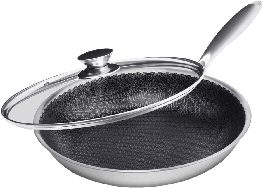 Cainfy stainless steel non-stick frying pan with lid 30 cm - Honeycomb heavy-duty non-stick - Dishwasher and oven safe