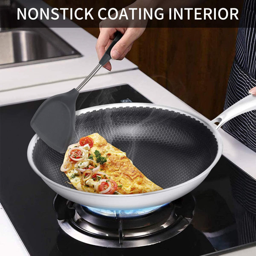 Cainfy stainless steel non-stick frying pan with lid 30 cm - Honeycomb heavy-duty non-stick - Dishwasher and oven safe