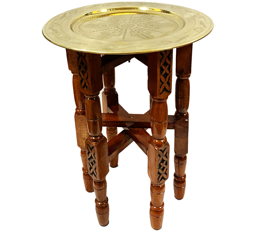 Foldable carved wood table base with tray