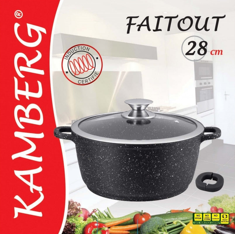 Koch-/Bratentopf Induktion - Ø 28 cm - Aluminiumguss - Marmorbeschichtung - Glasdeckel - PFOA-frei