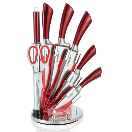 Jeu de couteaux de luxe 8 pièces avec support - Couteaux de cuisine - Rouge / Acier inoxydable - Comprend un aiguiseur de couteaux