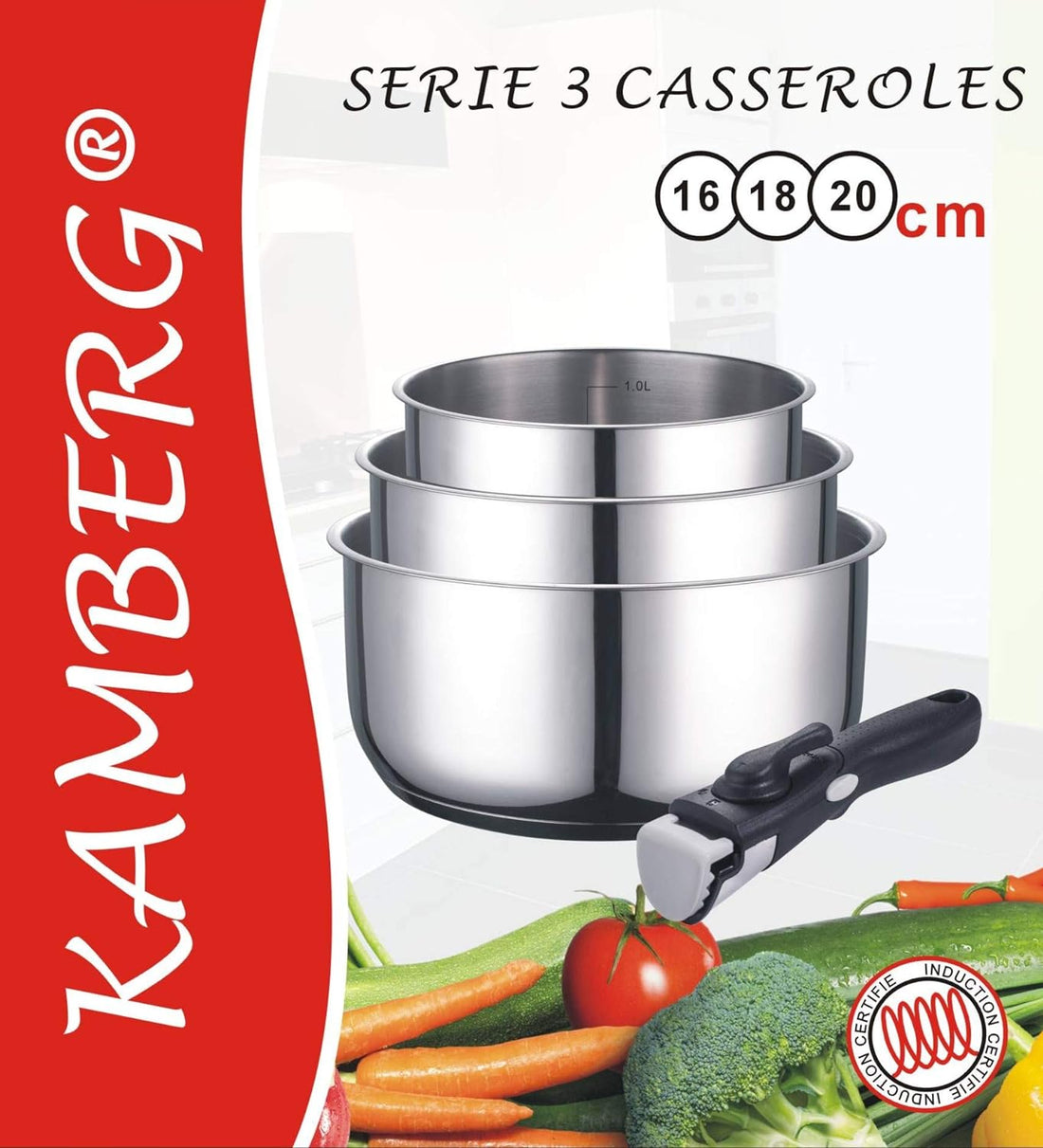 Kamberg - Set of 3 Stainless Steel Saucepans 16/18/20 cm + Removable Handle for All Heat Sources, Including Induction