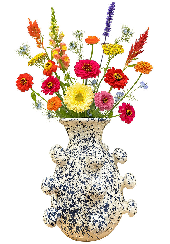 Vase à boules en céramique, blanc à éclaboussures bleues – 26 cm