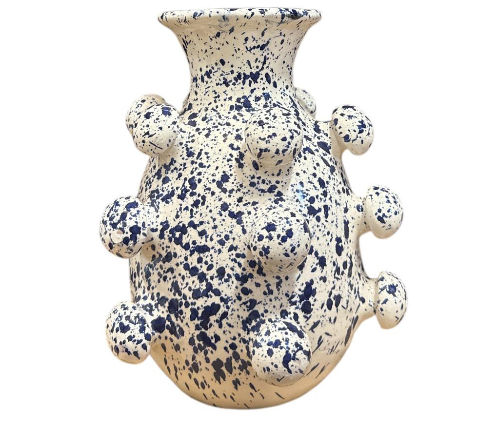 Ceramic sphere vase white with blue speckles – 26 cm