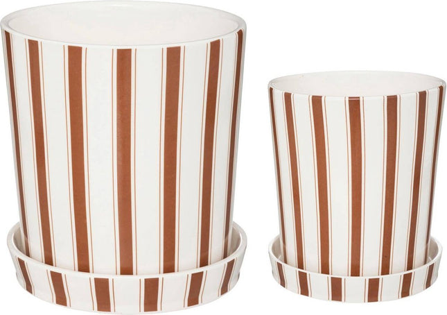 Pots de fleurs en céramique avec motif rayé et soucoupes Rivi