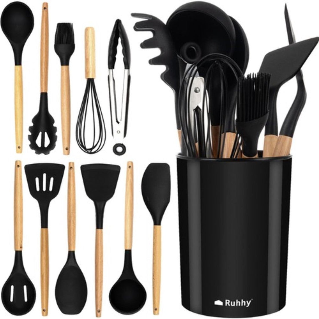 12-teiliges Küchenhelfer-Set - Hochwertiges Silikon und Holz