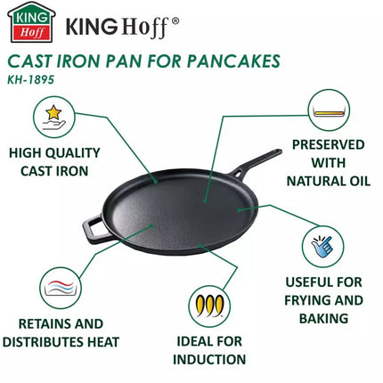 Kinghoff KH1895 Poêle à crêpes en fonte - Ø29 cm, Idéale pour la cuisson, la friture et le gril