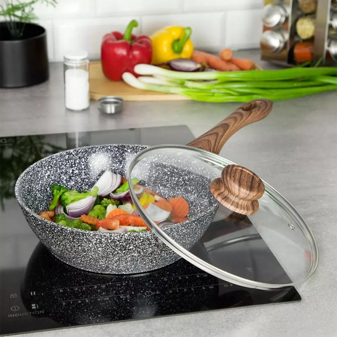 Kinghoff 1584 wokpan met deksel – granietlaag en houtlook, Ø 28 cm – foto 2
