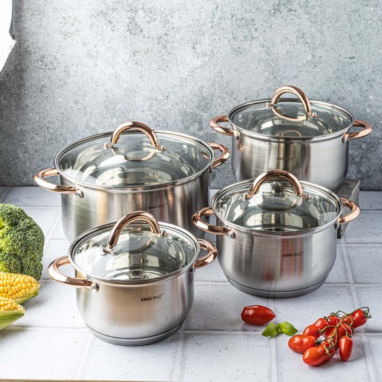 Batterie de cuisine 8 pièces - casseroles - 16-18-20-24 cm - avec couvercle - golden rose