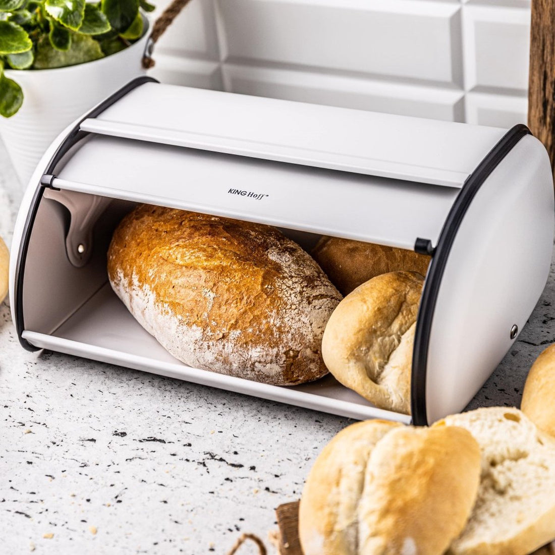 Kinghoff 1864 - Bread bin large - Stainless steel - White - Retro - 44 x 27 x 18.5 cm