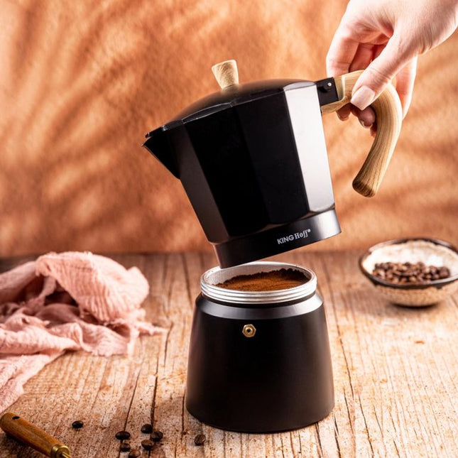 Kinghoff Cafetière Expresso en Aluminium KH-1886 – 6 Tasses – Noir avec Poignée en Bois – Compatible Induction - 300ml - Percolateur