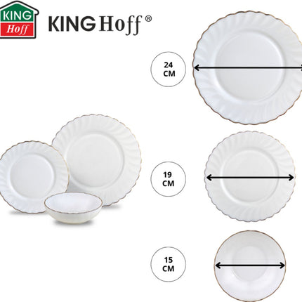 KINGHOFF Service de vaisselle MARIGOLD - 18 pièces - Blanc avec Bord Doré - Verre Opale - Assiettes Plates, Assiettes à Dessert & Bols à Soupe - Service pour 6 Personnes