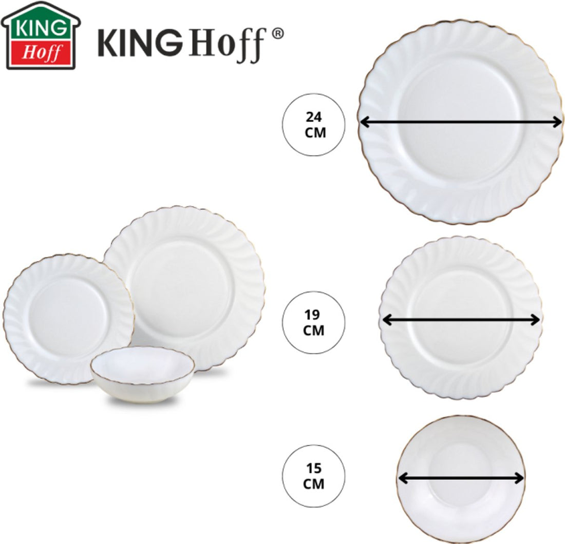 KINGHOFF Geschirrset MARIGOLD - 18-teilig - Weiß mit Goldrand - Opalglas - Speiseteller, Dessertteller & Suppenschalen - Set für 6 Personen