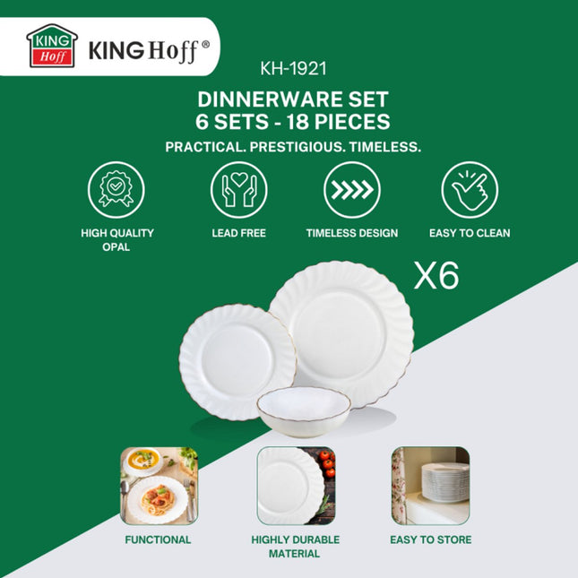 KINGHOFF Service de vaisselle MARIGOLD - 18 pièces - Blanc avec Bord Doré - Verre Opale - Assiettes Plates, Assiettes à Dessert & Bols à Soupe - Service pour 6 Personnes