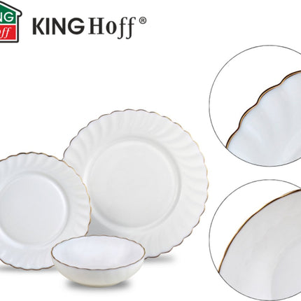 KINGHOFF Service de vaisselle MARIGOLD - 18 pièces - Blanc avec Bord Doré - Verre Opale - Assiettes Plates, Assiettes à Dessert & Bols à Soupe - Service pour 6 Personnes