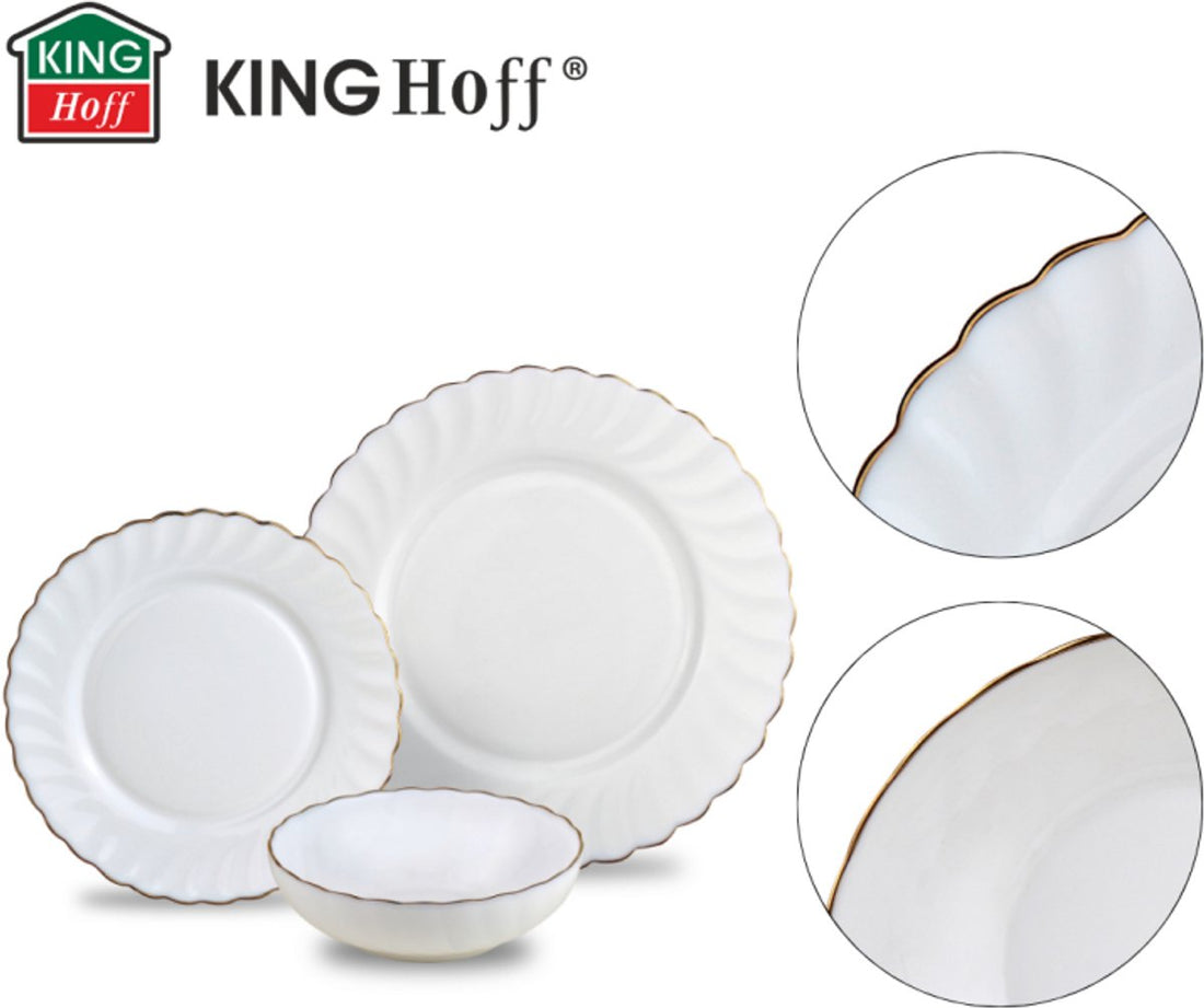 KINGHOFF Geschirrset MARIGOLD - 18-teilig - Weiß mit Goldrand - Opalglas - Speiseteller, Dessertteller & Suppenschalen - Set für 6 Personen