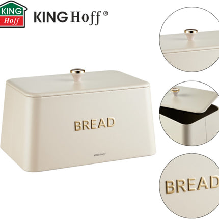 KINGHOFF Boîte à pain - 35x23x21 cm - Beige avec détails dorés - Métal & Bambou - Hygiénique & Facile à nettoyer