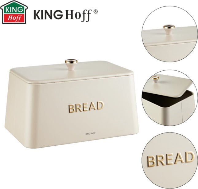 KINGHOFF Boîte à pain - 35x23x21 cm - Beige avec détails dorés - Métal & Bambou - Hygiénique & Facile à nettoyer
