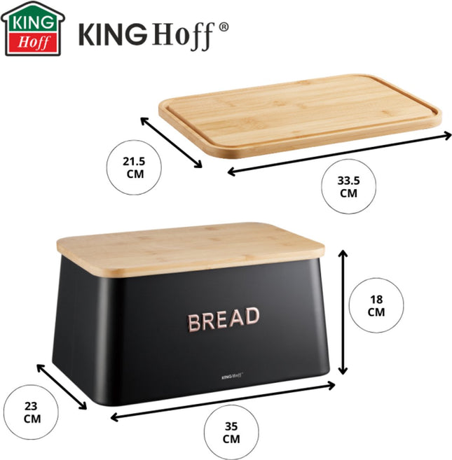 KINGHOFF Boîte à pain 2 en 1 - Noir - 35x23x18 cm - Avec couvercle en bambou - Hygiénique et facile à nettoyer - Peut être utilisée comme planche à découper