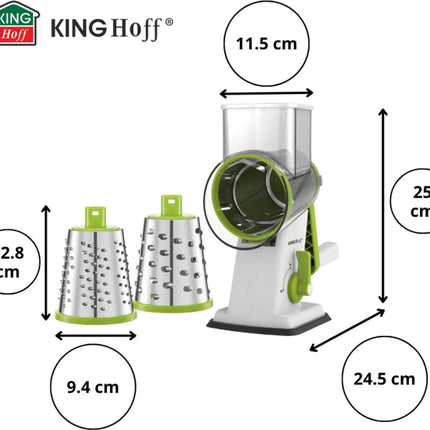 KINGHOFF Râpe Rotative 3-en-1 - Verte - Avec 3 Tambours Interchangeables en Acier Inoxydable - Ventouse - KH-1960 - Râpe Manuelle - Râpe Multifonctionnelle