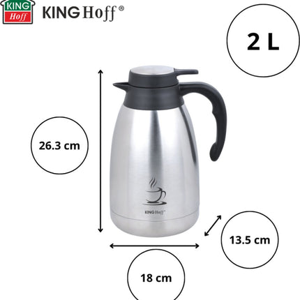 KINGHOFF Cafetière isotherme - Thermos en acier inoxydable 2 litres - Double paroi - Poignée noire - KH-1994 - Thermos - Théière