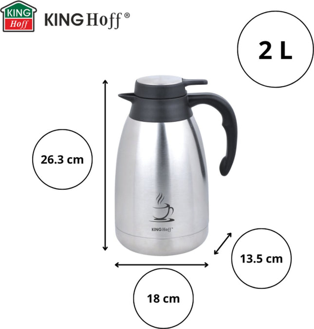 KINGHOFF Cafetière isotherme - Thermos en acier inoxydable 2 litres - Double paroi - Poignée noire - KH-1994 - Thermos - Théière
