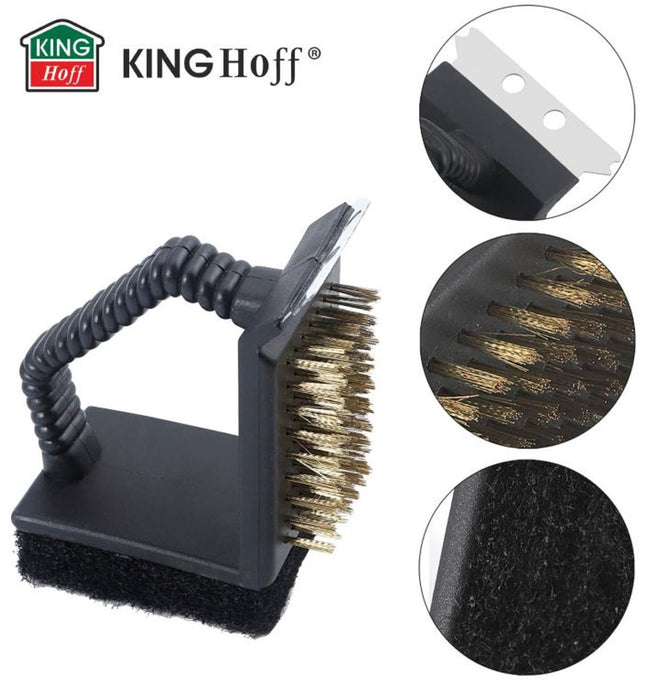 KINGHoff Brosse de Nettoyage de Grille KH-1913 – Kit 3-en-1 (Racloir, Éponge & Brosse) pour un Entretien Efficace du Grill - Brosse Barbecue - Éponge BBQ - Nettoyage Barbecue
